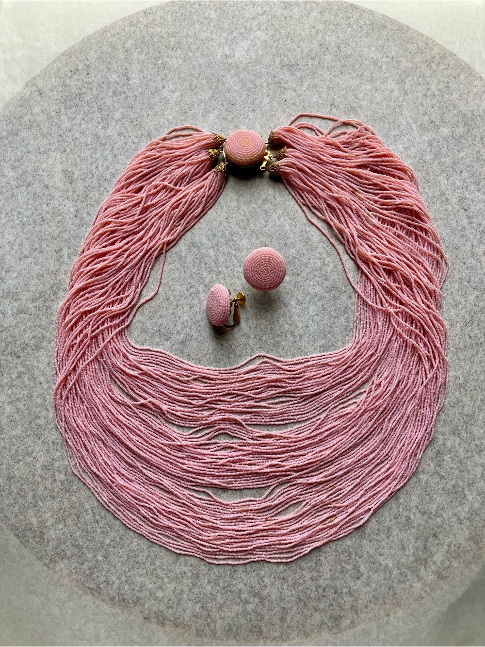1960’s Vintage Multi-Strand Pink Beaded Necklace with Matching Clip-On Earrings